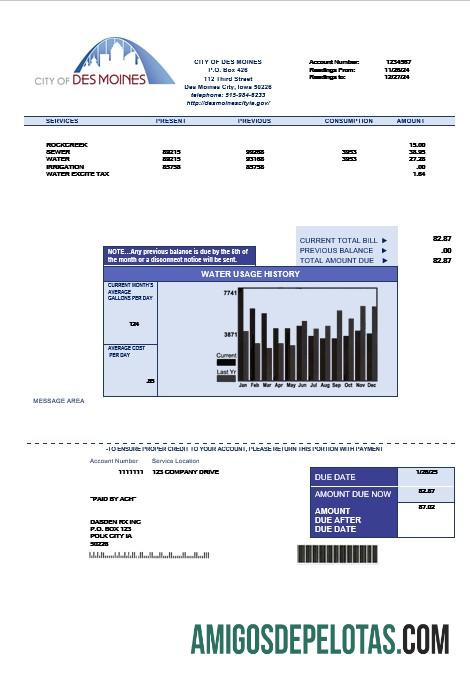 imprimível Modelo de conta de serviços públicos de água, cidade de Des Moines, EUA, Iowa, em formatos Word e PDF